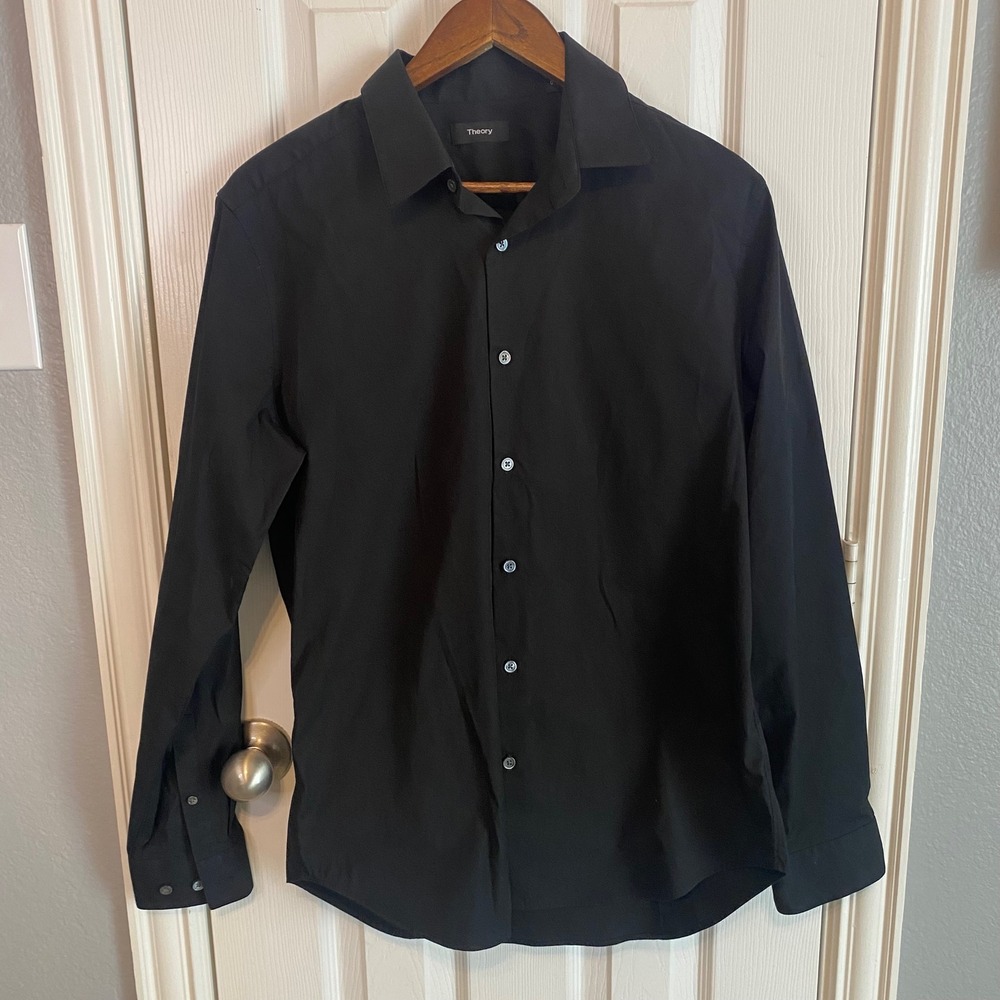Theory Sylvain Kena Black Stretch Cotton Button Down Shirt Size Large Minimalist
